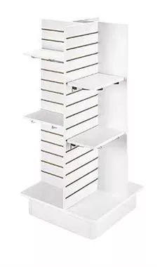 4-Panel White Slatwall Tower with Casters and Shelves