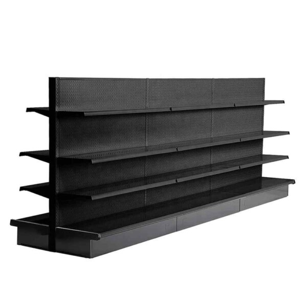 Black Gondola Shelving in Dallas,Texas with three shelves each at both the sides placed at DFW Fixture.