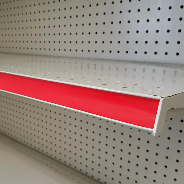 Red color Shelving stripe in Dallas texas pasted on the edge of shelves of a white shelving at DFW Fixture